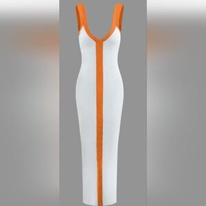 White and Orange Sleeveless V-Neck Bodycon Maxi Dress